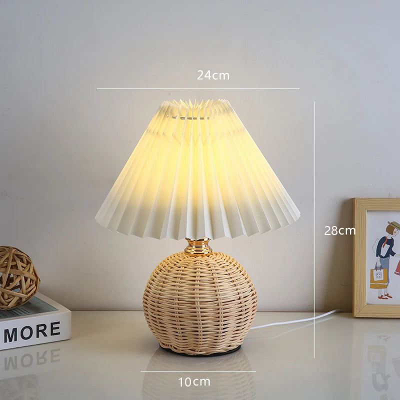 Moktan Sabai Pleated Fabric Bedside Table Lamp USB LED Light Retro Rattan Shade for Home Decor Beige shade