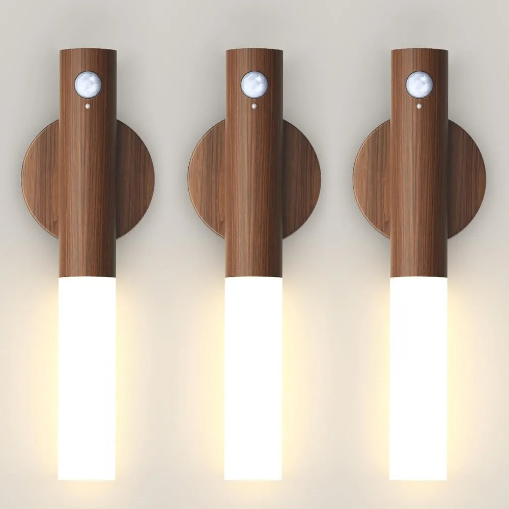 Moktan Sabai WoodAura | Rechargeable Motion Sensor Wall Sconce with Magnetic Decor Walnut-3Pcs