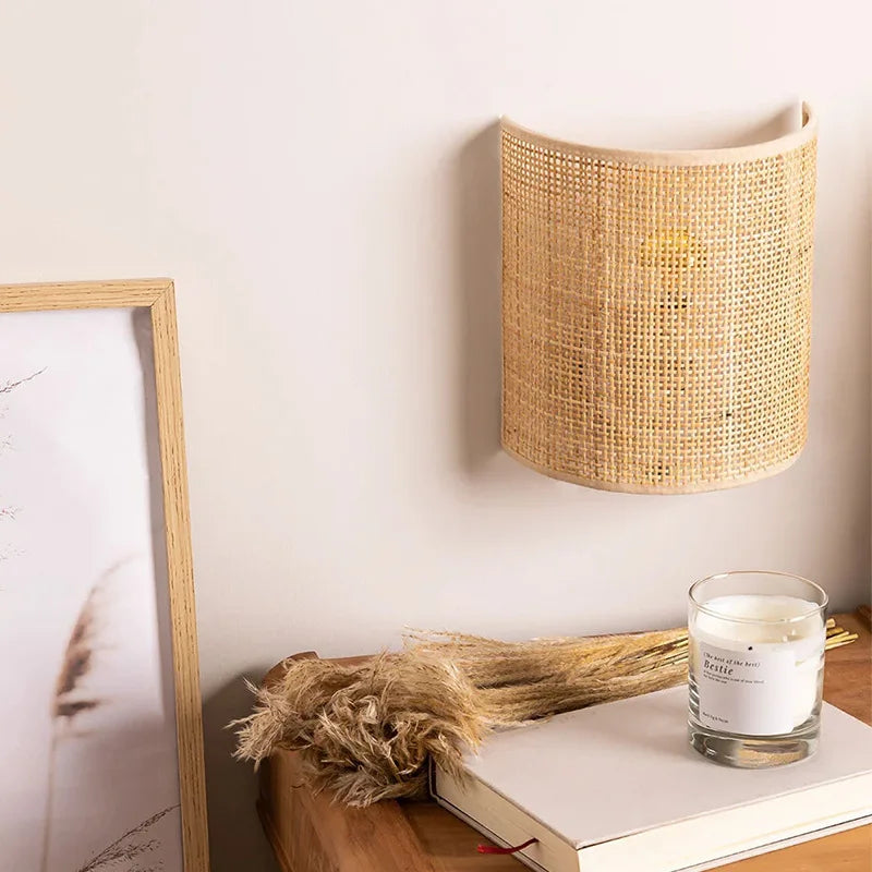 Moktan Sabai Vintage Rattan Wall Light E27 Handwoven Rope Sconce for Bedside Living Room