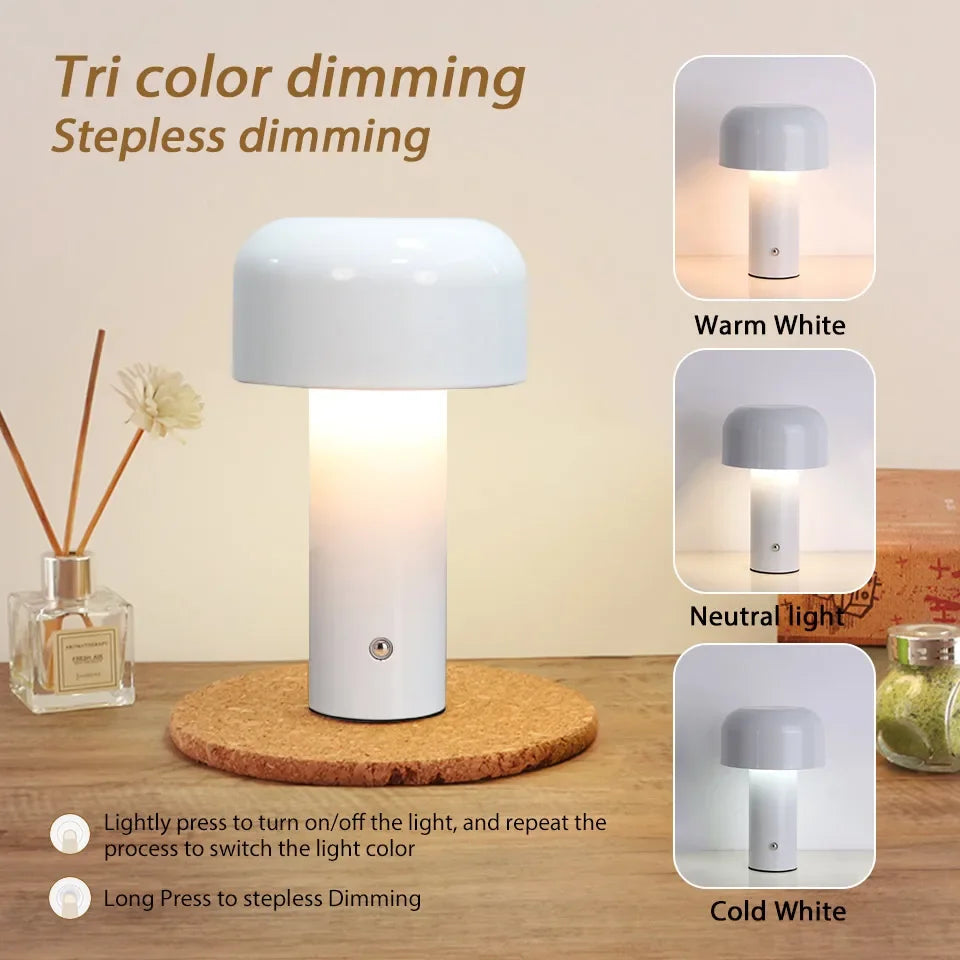 Retro Mushroom LED Table Lamp Touch Sensor Dimmable Rechargeable Desk Light