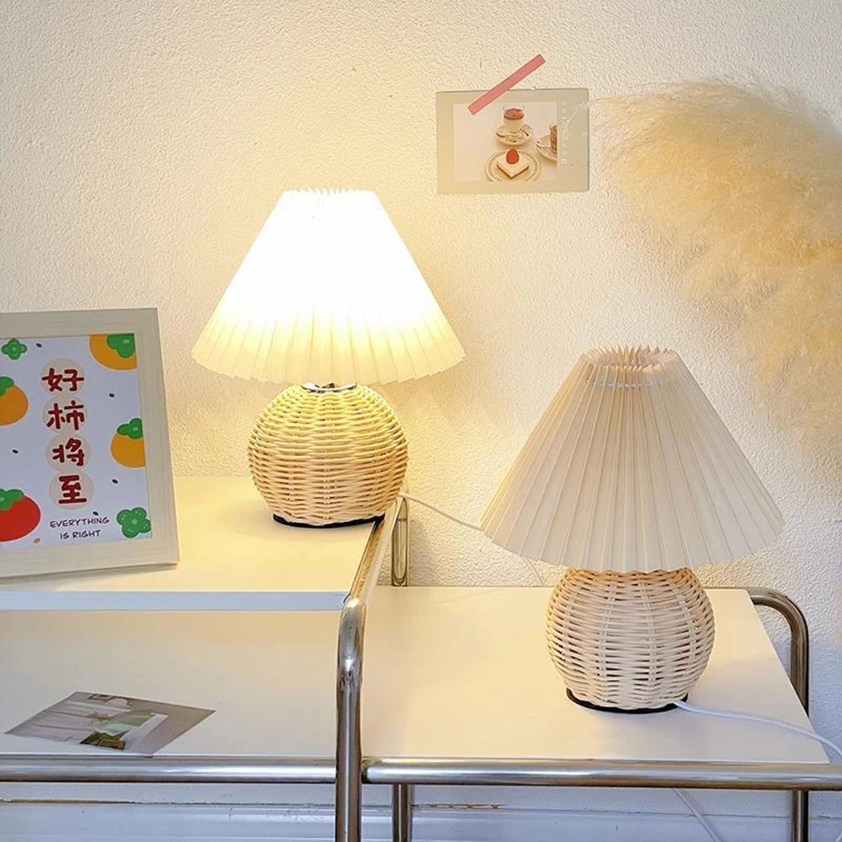 Moktan Sabai Pleated Fabric Bedside Table Lamp USB LED Light Retro Rattan Shade for Home Decor