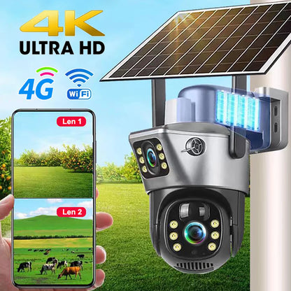 4G WiFi Solar Security Camera Dual Lens 8MP 4K PIR Night Vision Outdoor CCTV