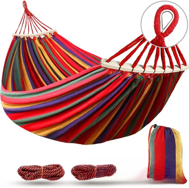 Moktan Sabai Double Canvas Hammock with Wooden Spreader Bars Anti-Roll Portable 220×150cm Red