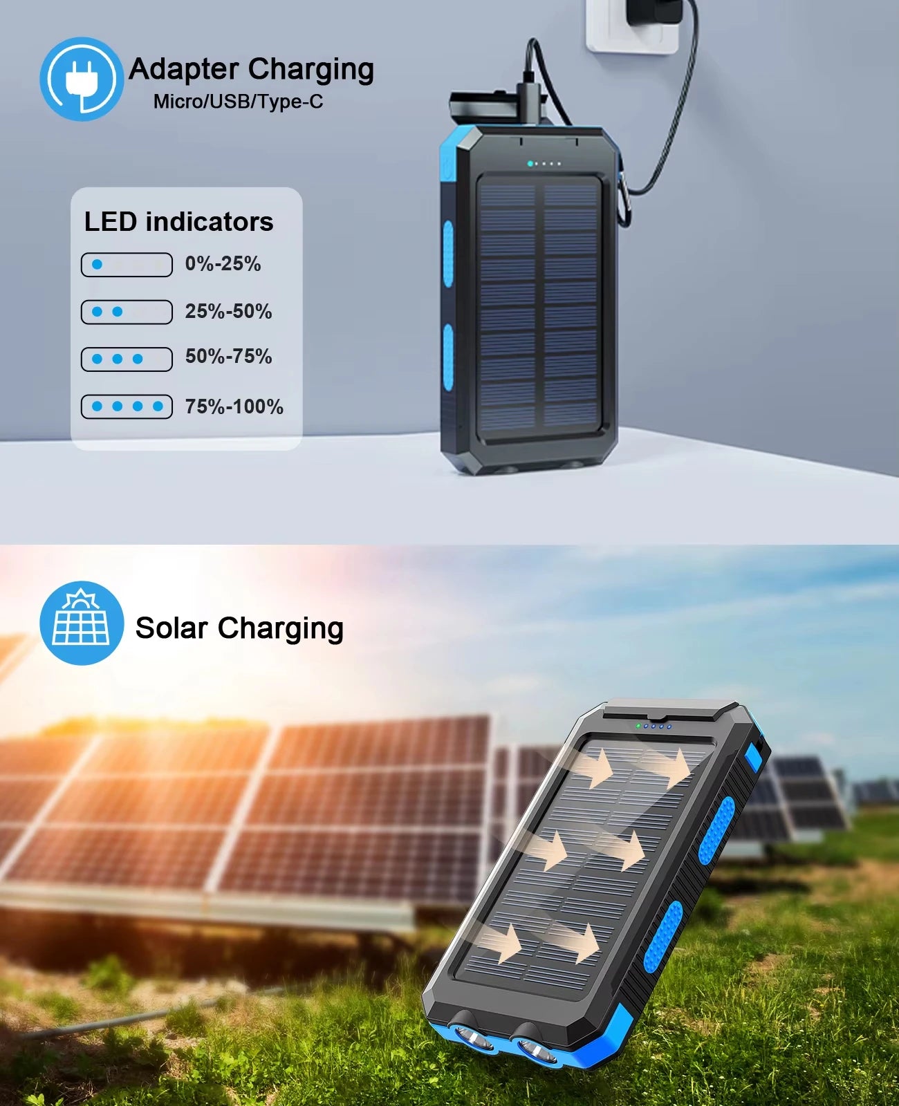 Moktan Sabai Gaiaray 30000mAh Solar Power Bank Dual USB Waterproof LED Outdoor Travel Charger