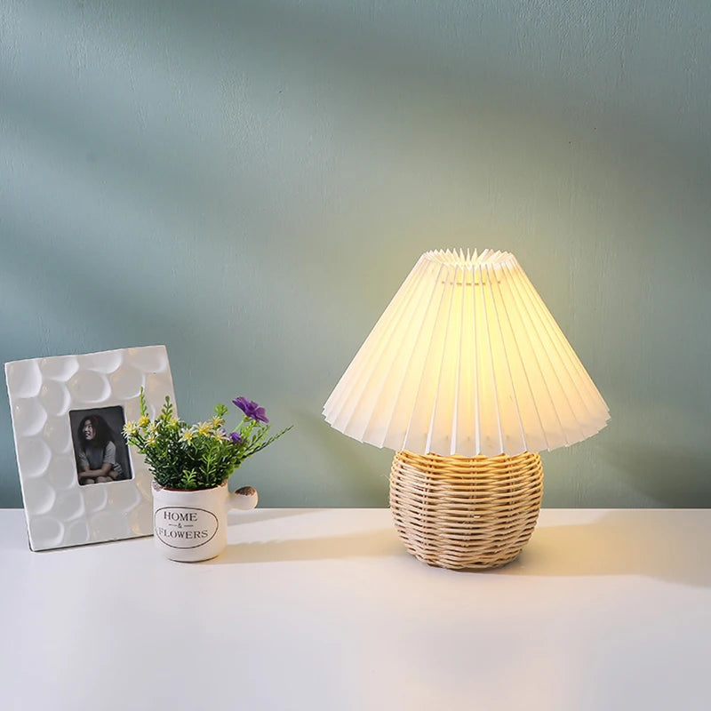 Moktan Sabai Pleated Fabric Bedside Table Lamp USB LED Light Retro Rattan Shade for Home Decor