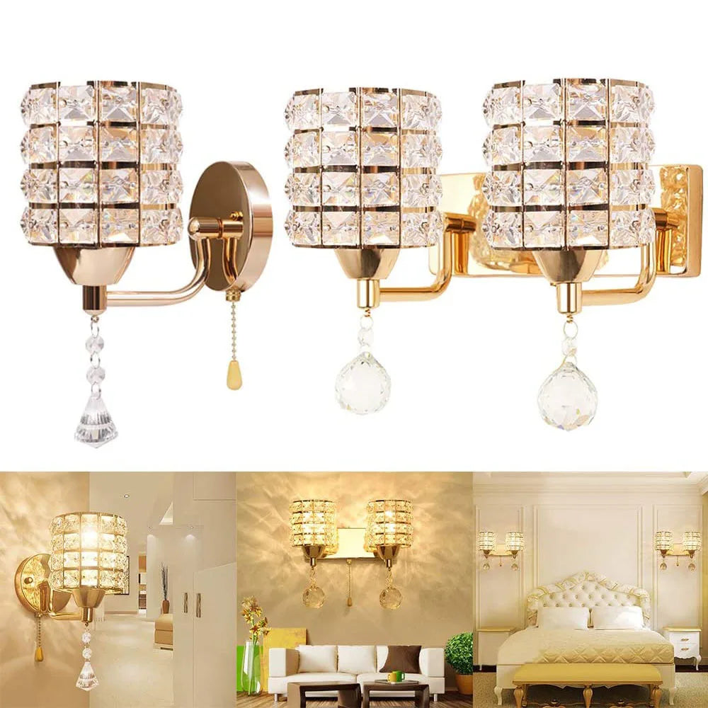 Moktan Sabai Crystal Wall Lamp – Gold/Silver Decorative Sconce Light for Bedroom & Living Room