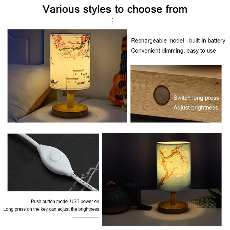 Moktan Sabai LED Square Table Lamp Dimmable Bedside Light Fabric Shade Chinese Style Decor