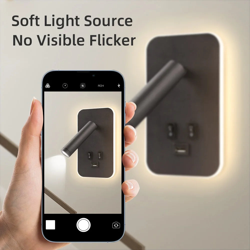 Moktan Sabai Bedside LED Wall Reading Lamp with USB Port Switch Rotatable Wall Sconce