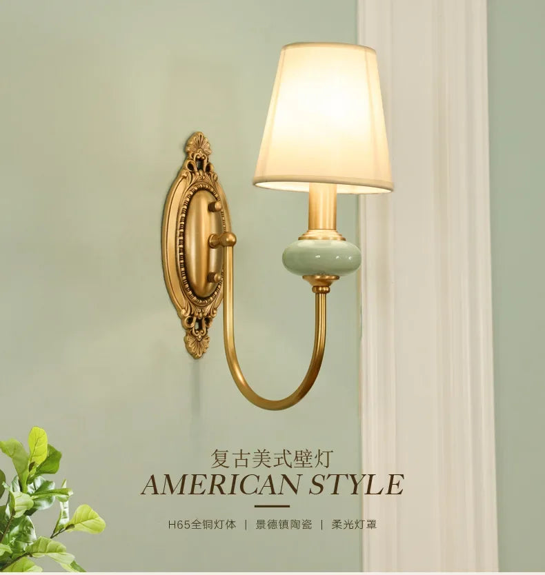 Moktan Sabai American Style Copper Wall Lamp Ceramic Bedside Sconce Antique Decor Light