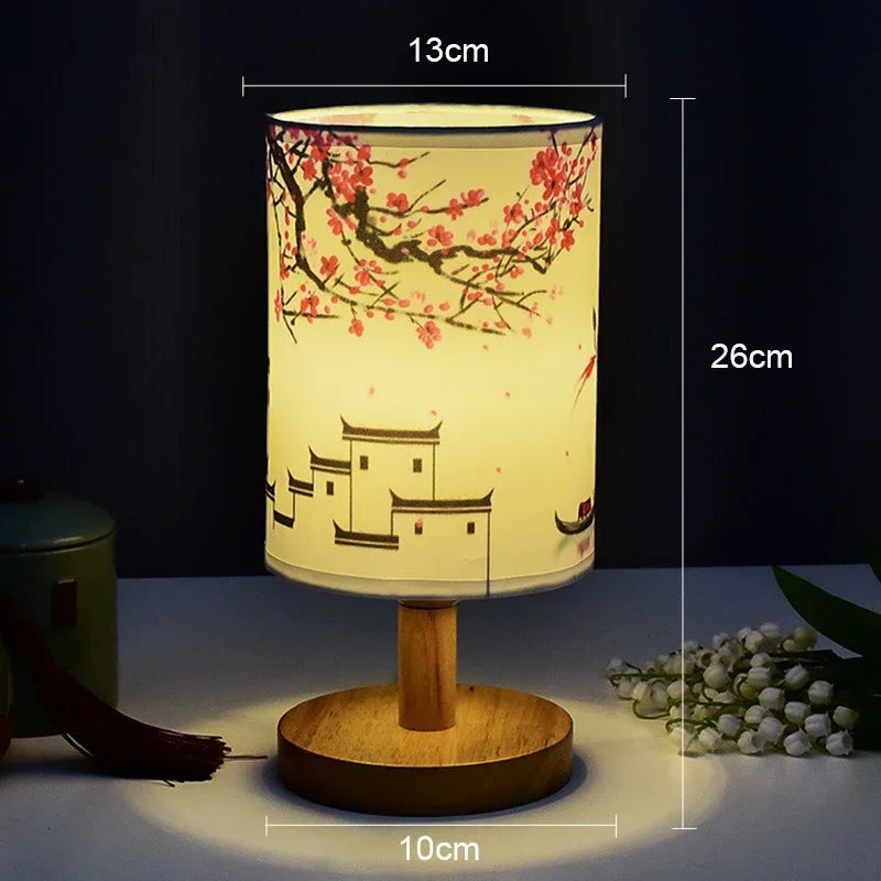 LED Square Table Lamp Dimmable Bedside Light Fabric Shade Chinese Style Decor