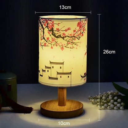 LED Square Table Lamp Dimmable Bedside Light Fabric Shade Chinese Style Decor