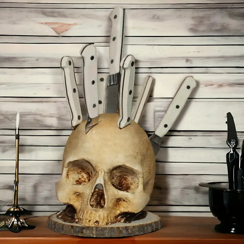 Moktan Sabai Gothic Skull Knife Holder Resin Kitchen Knife Block Storage 7 Slot