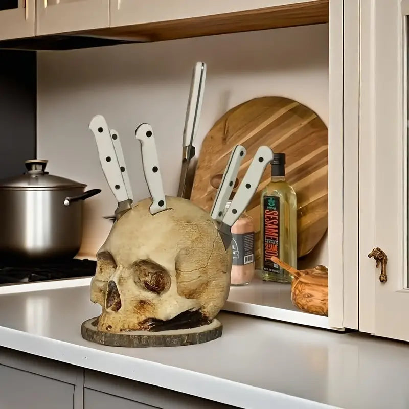 Moktan Sabai Gothic Skull Knife Holder Resin Kitchen Knife Block Storage 7 Slot