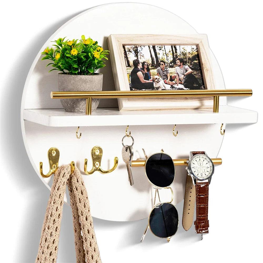 Moktan Sabai Round Wooden Key Holder Wall Mount Entryway Organizer Shelf Hooks White Gold