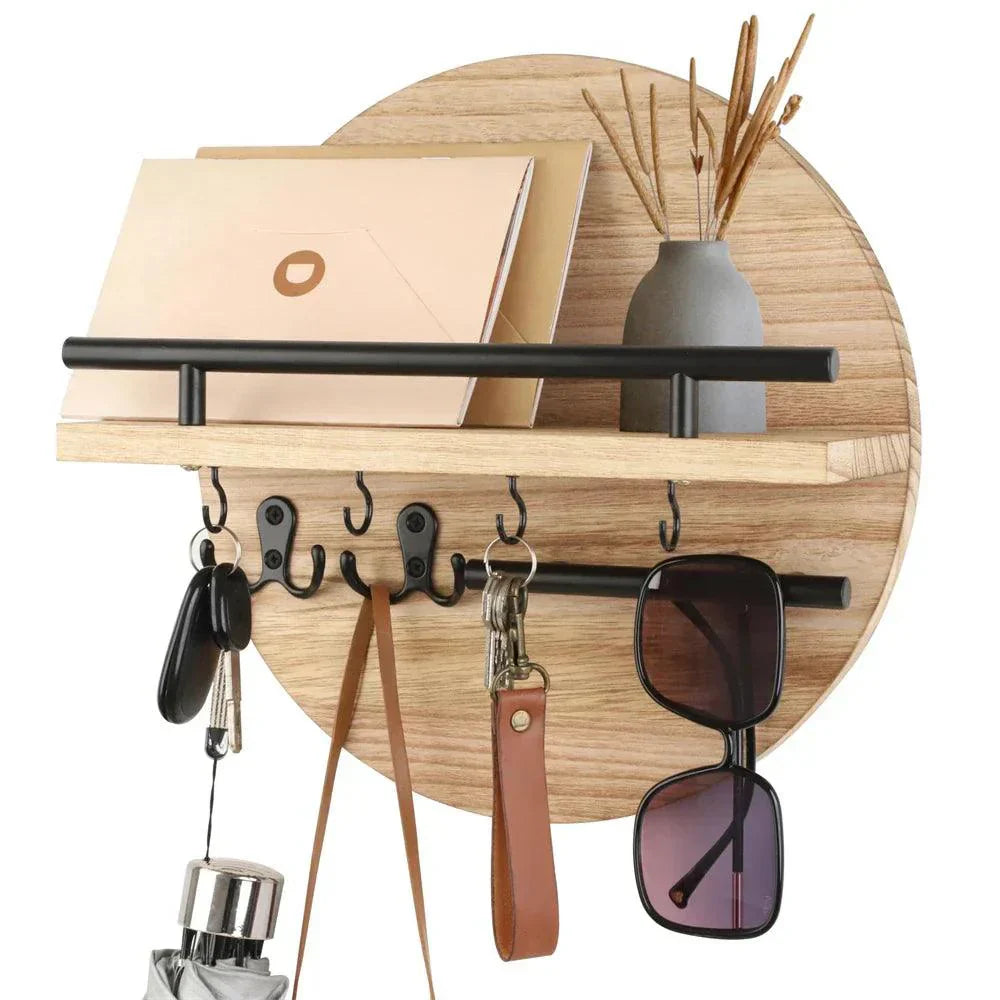 Moktan Sabai Round Wooden Key Holder Wall Mount Entryway Organizer Shelf Hooks Beige Black
