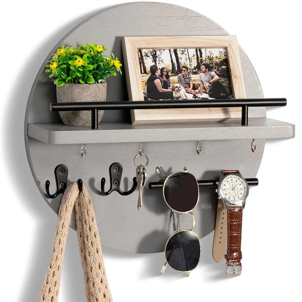 Moktan Sabai Round Wooden Key Holder Wall Mount Entryway Organizer Shelf Hooks Grey Black