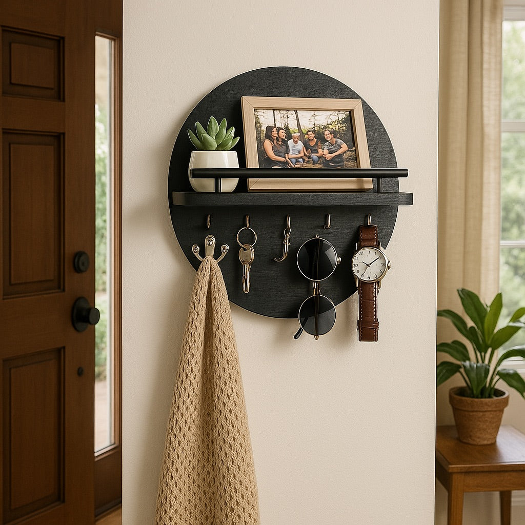 Moktan Sabai Round Wooden Key Holder Wall Mount Entryway Organizer Shelf Hooks