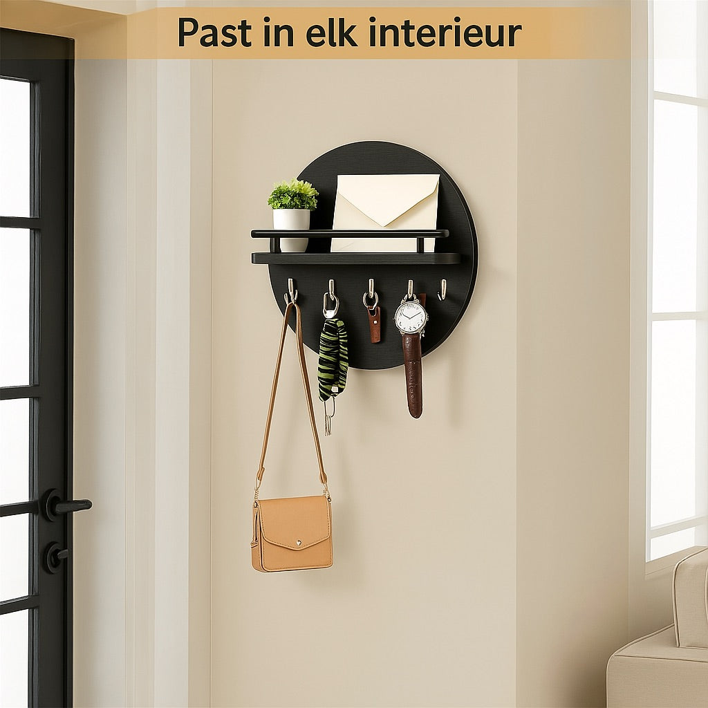 Moktan Sabai Round Wooden Key Holder Wall Mount Entryway Organizer Shelf Hooks