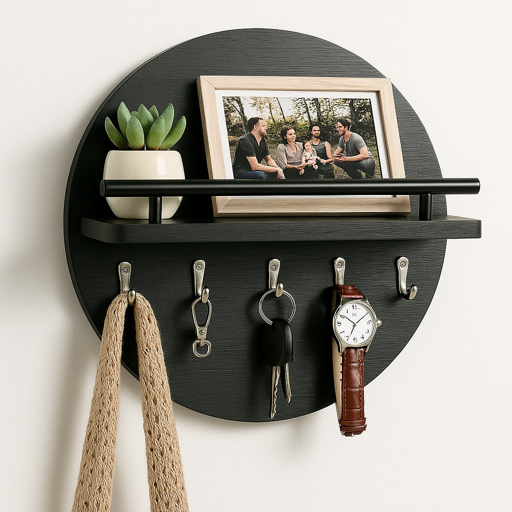 Moktan Sabai Round Wooden Key Holder Wall Mount Entryway Organizer Shelf Hooks Black