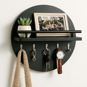 Moktan Sabai Round Wooden Key Holder Wall Mount Entryway Organizer Shelf Hooks Black