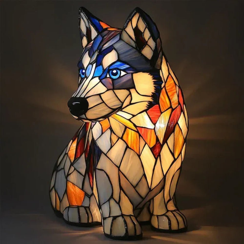 Moktan Sabai Stained Glass Dog Table Lamp Tiffany Style Animal LED Light Husky