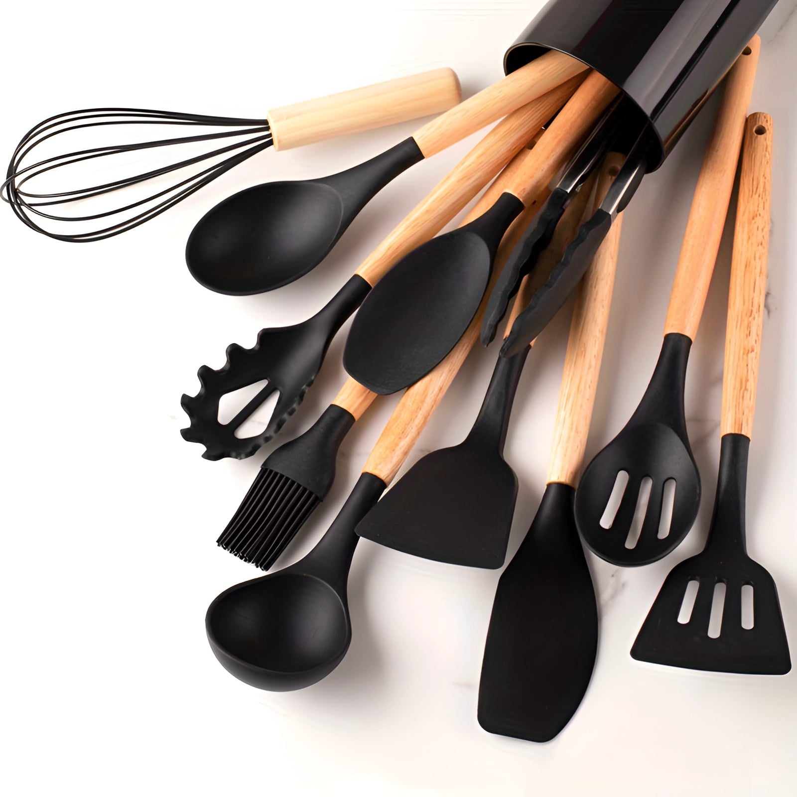 Moktan Sabai Silicone Kitchen Utensil Set with Bamboo Handles 12 Piece Set Black