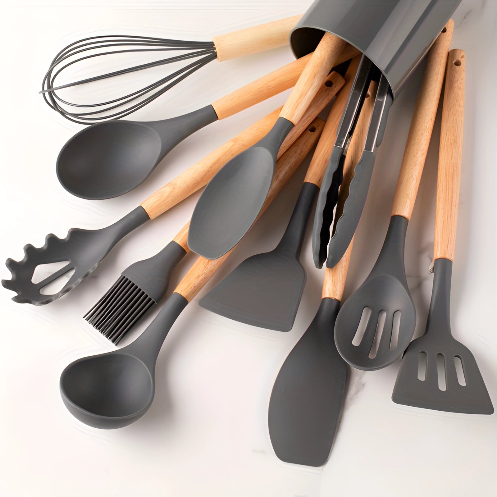 Moktan Sabai Silicone Kitchen Utensil Set with Bamboo Handles 12 Piece Set Dark Gray
