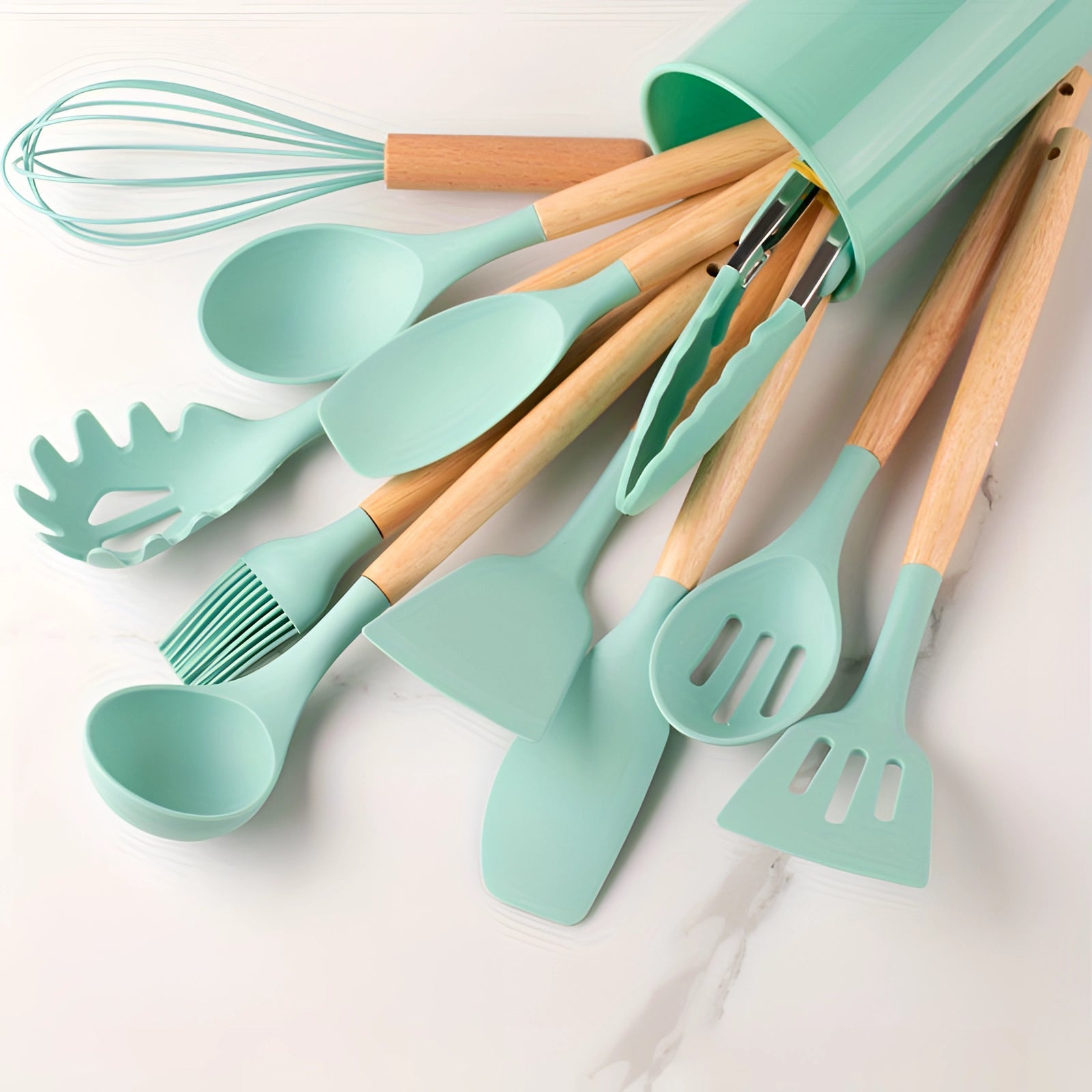 Moktan Sabai Silicone Kitchen Utensil Set with Bamboo Handles 12 Piece Set Deep Green