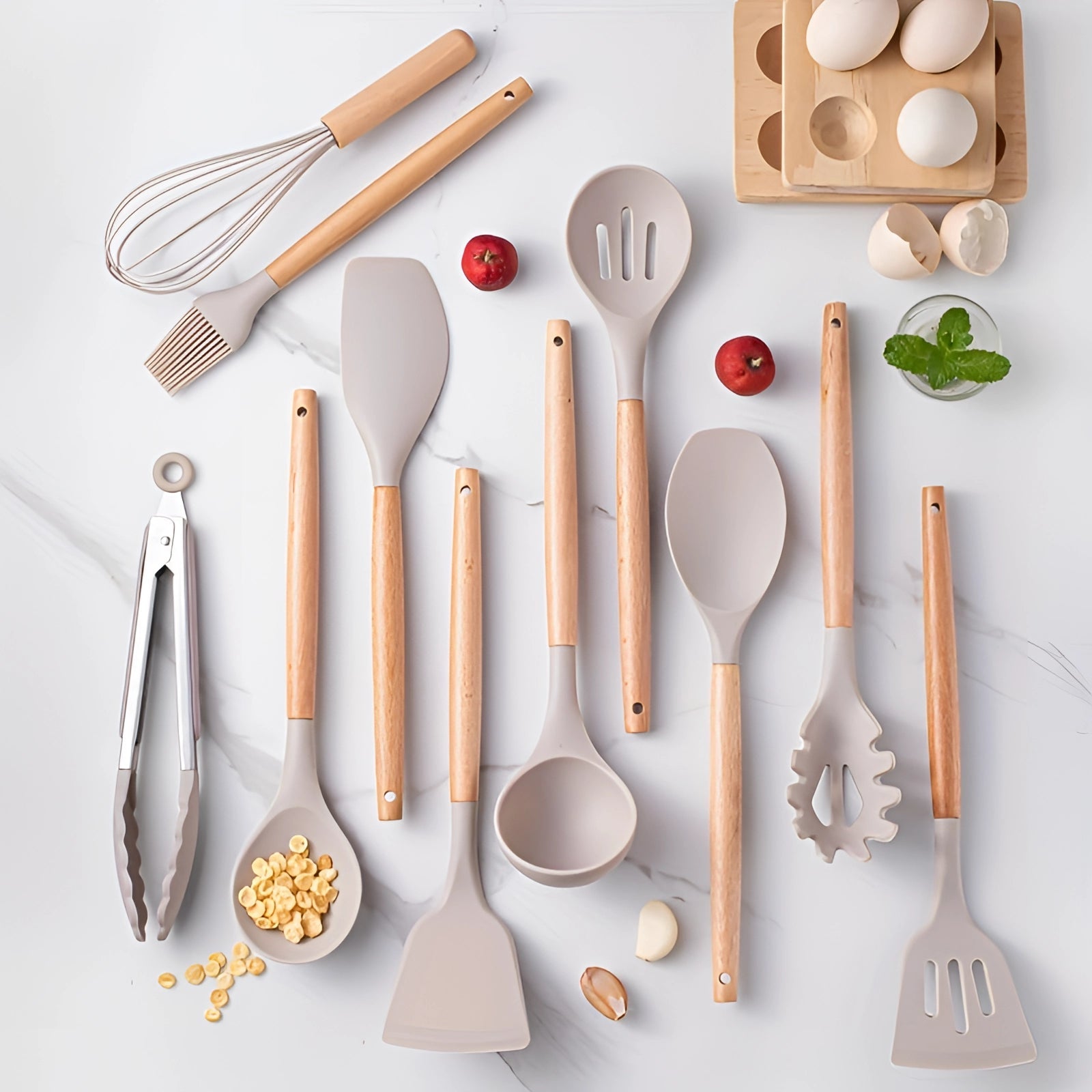 Moktan Sabai Silicone Kitchen Utensil Set with Bamboo Handles 12 Piece Set