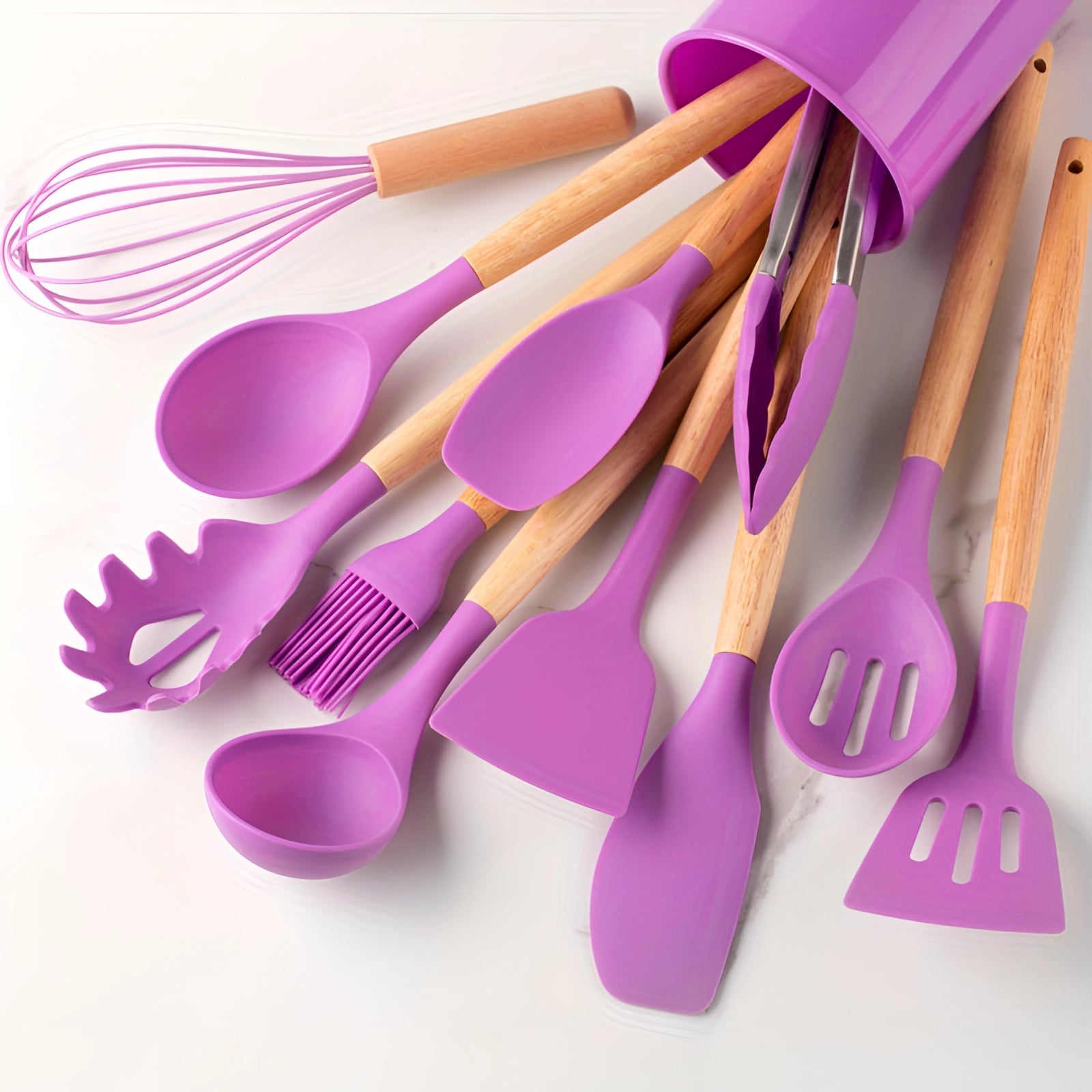 Moktan Sabai Silicone Kitchen Utensil Set with Bamboo Handles 12 Piece Set Purple