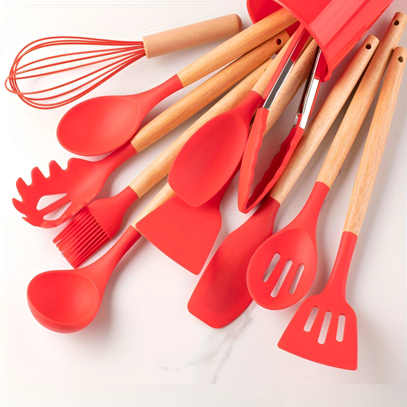 Moktan Sabai Silicone Kitchen Utensil Set with Bamboo Handles 12 Piece Set Red
