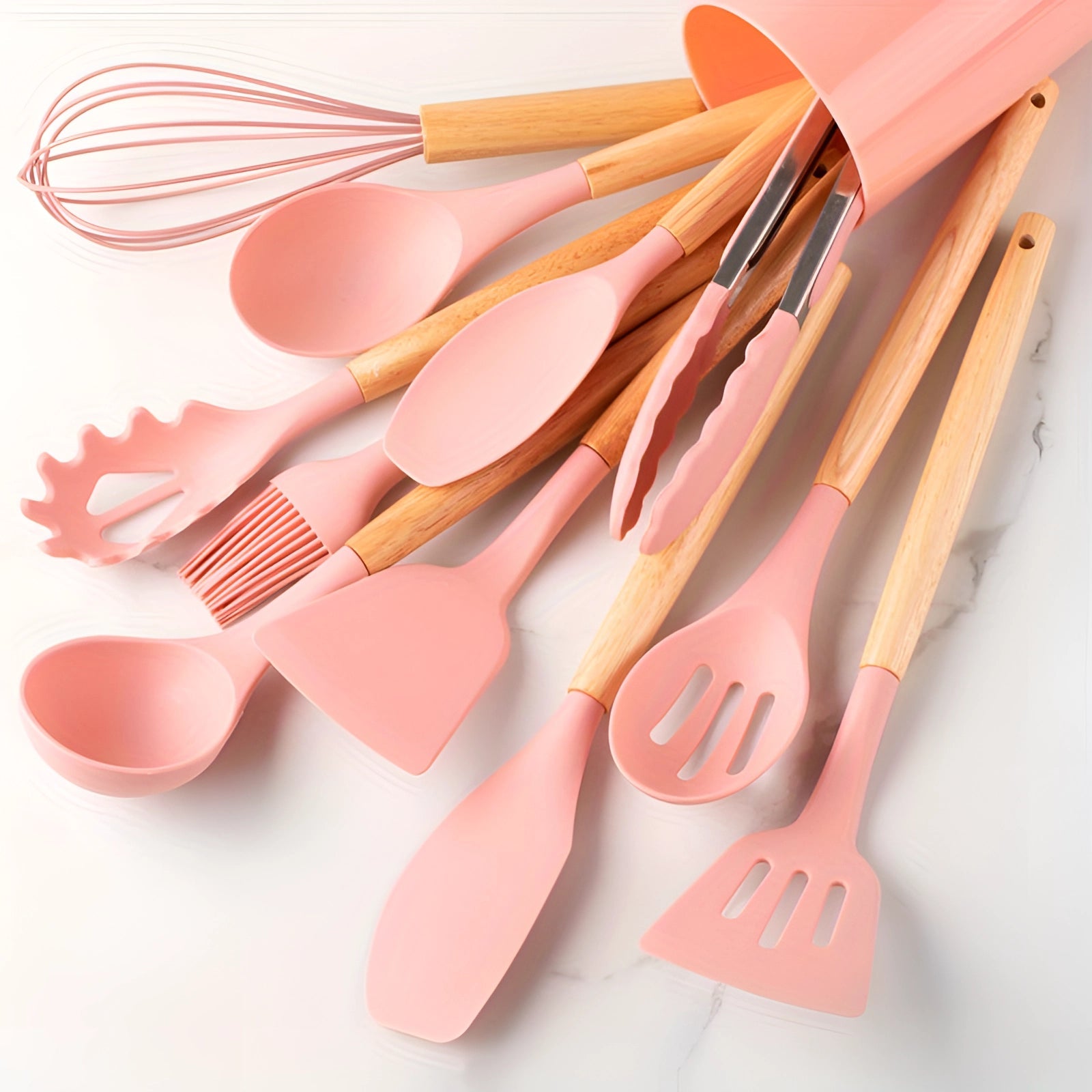 Moktan Sabai Silicone Kitchen Utensil Set with Bamboo Handles 12 Piece Set Light Pink