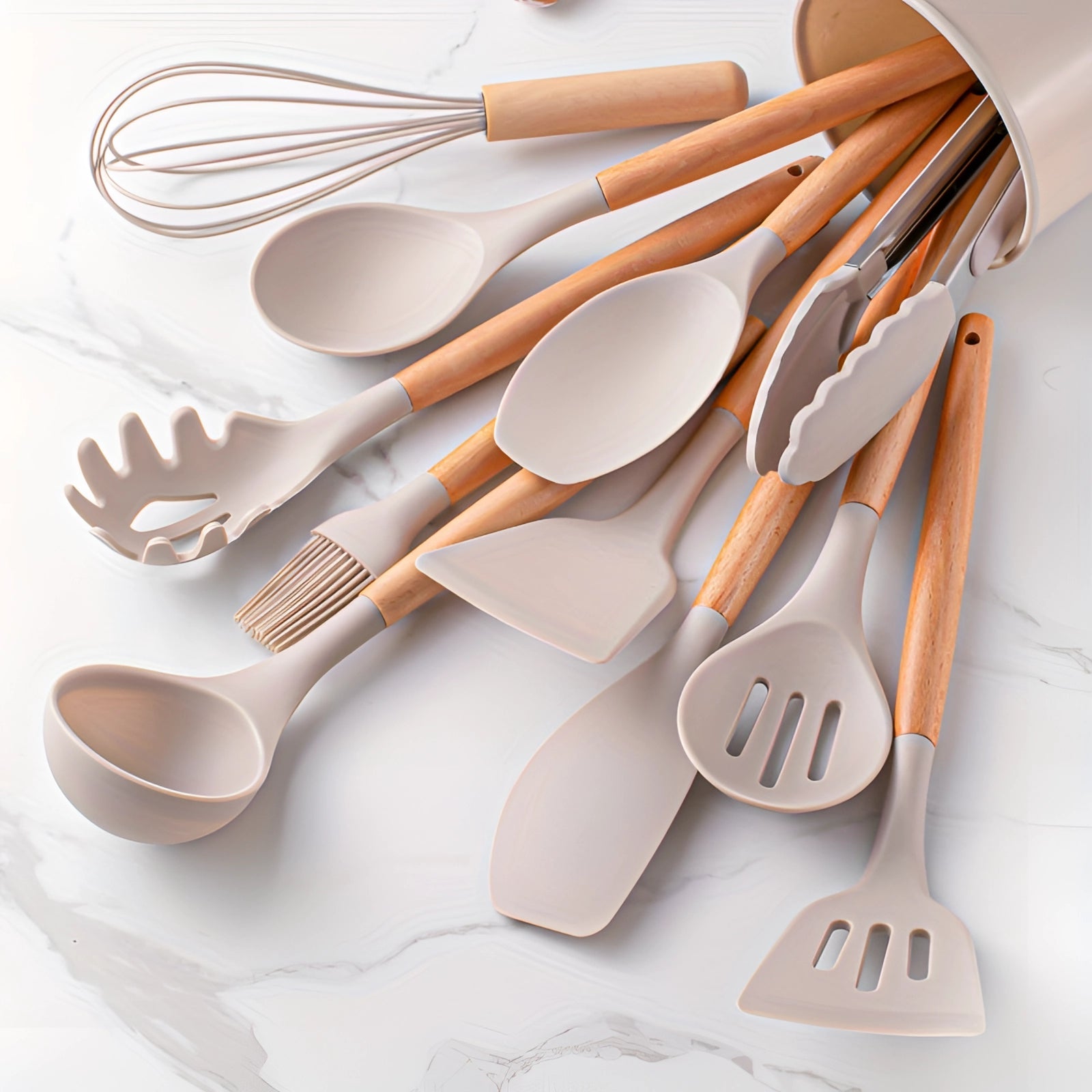 Moktan Sabai Silicone Kitchen Utensil Set with Bamboo Handles 12 Piece Set White Gray