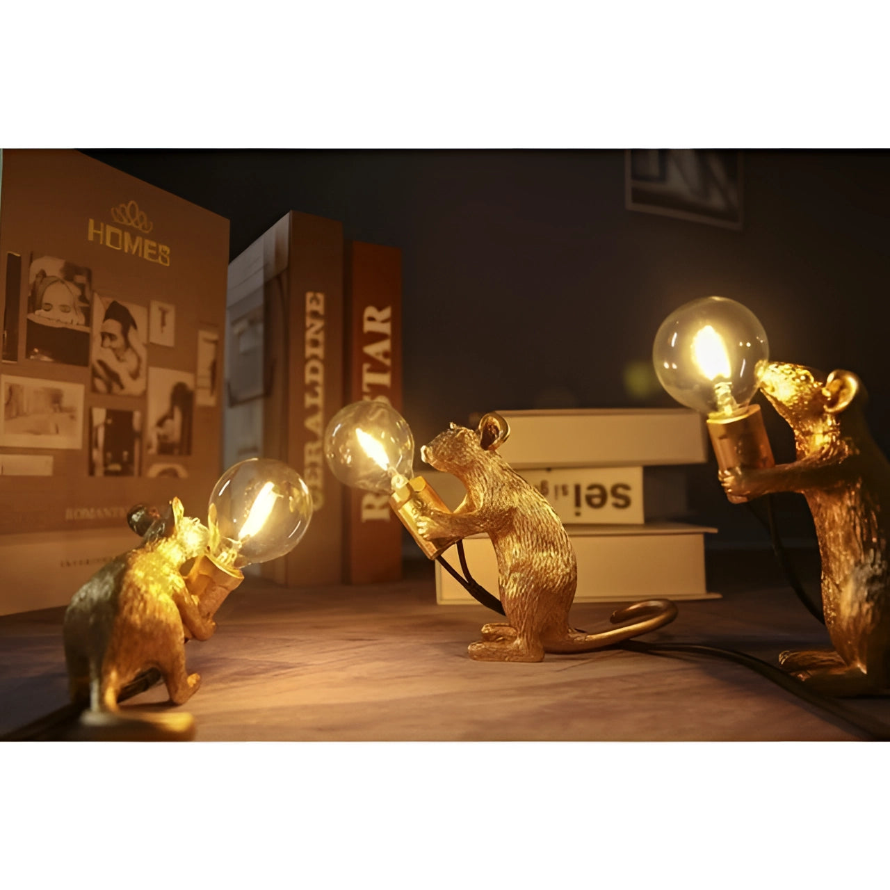 Moktan Sabai Gold Mouse Table Lamp Animal Shaped Desk Light Quirky Home Decor Golden 3-piece set