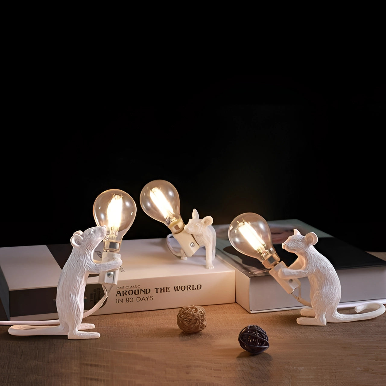 Moktan Sabai Gold Mouse Table Lamp Animal Shaped Desk Light Quirky Home Decor White 3-piece set