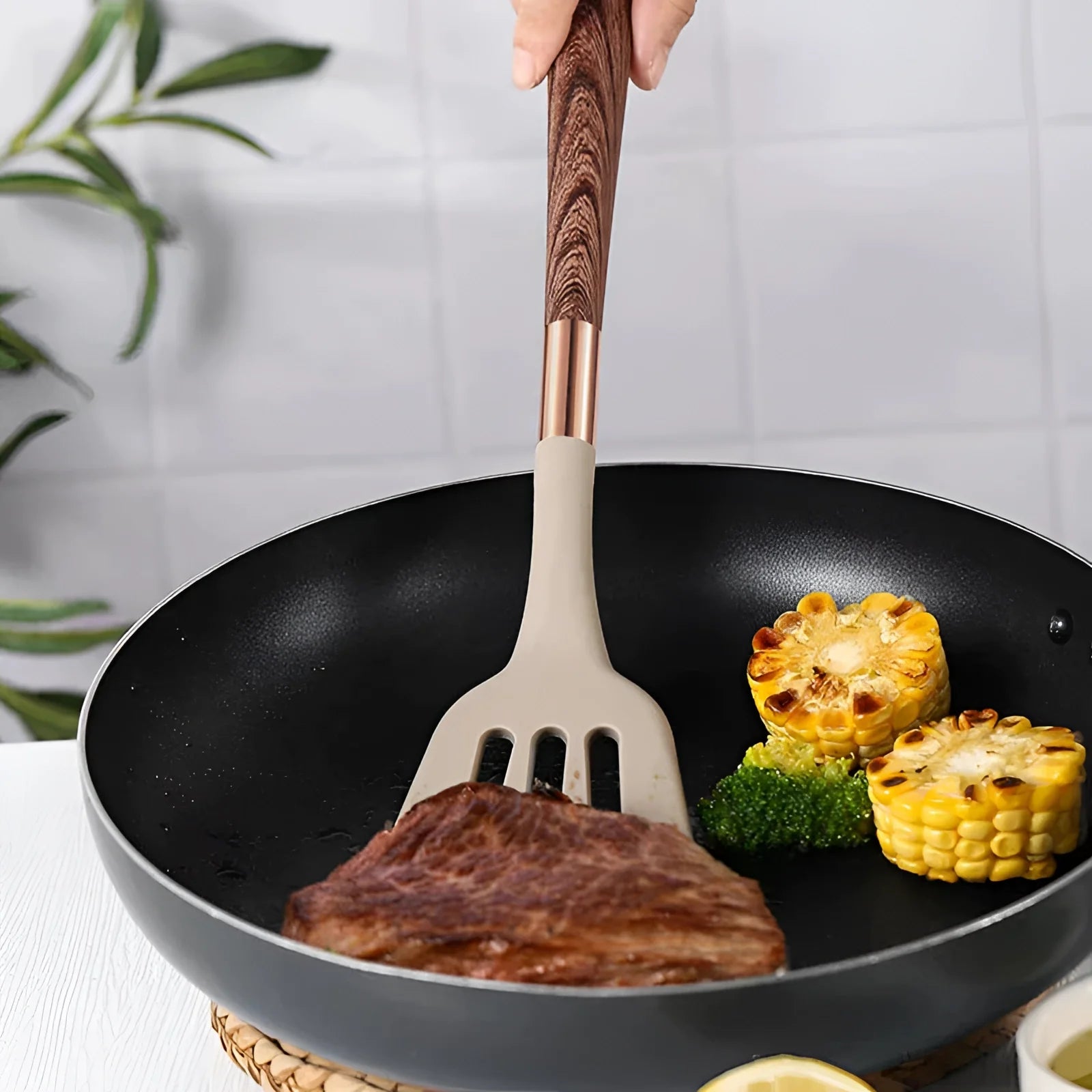 Moktan Sabai 10-Piece Silicone Kitchen Utensil Set Copper Wood Handle Heat Resistant