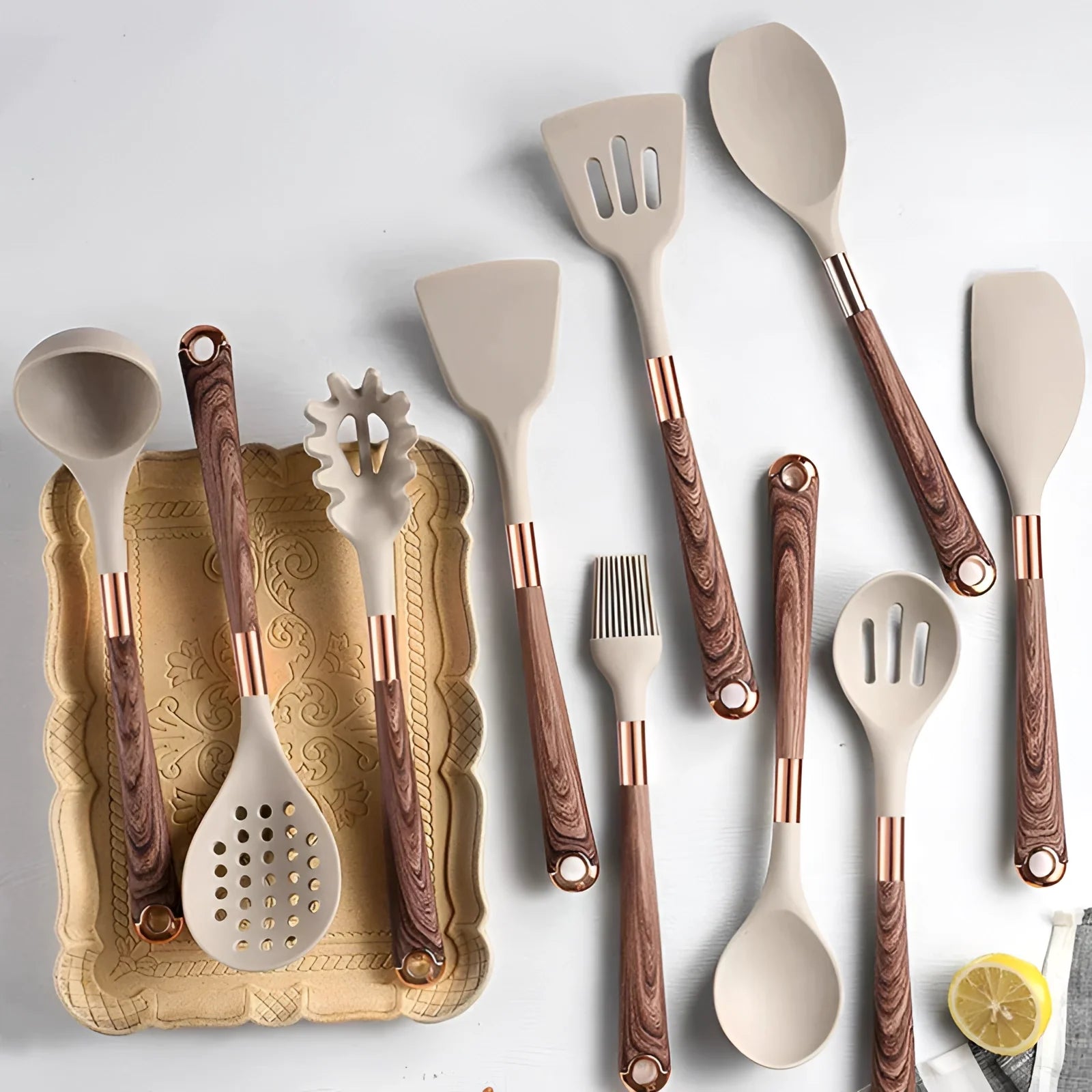 Moktan Sabai 10-Piece Silicone Kitchen Utensil Set Copper Wood Handle Heat Resistant