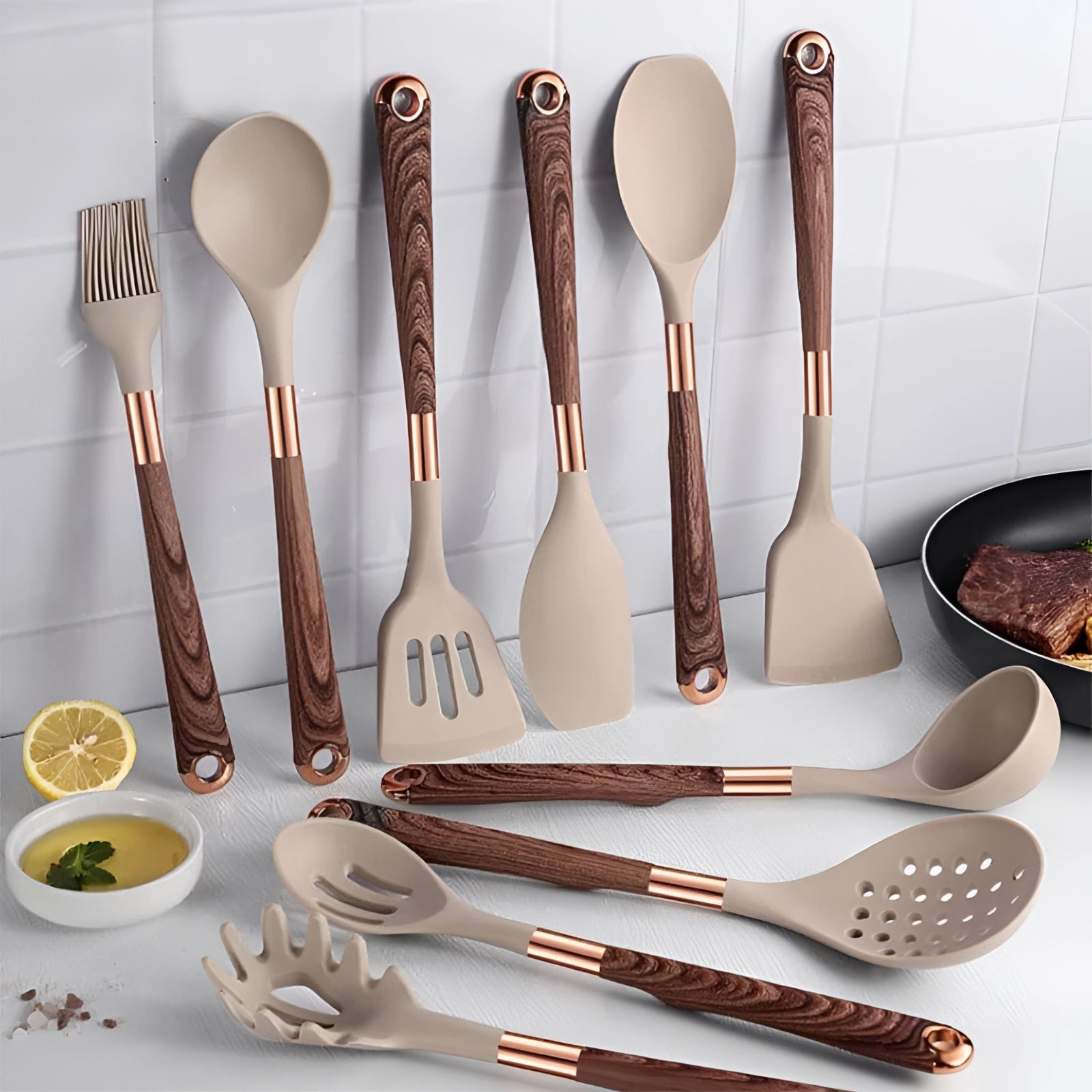 Moktan Sabai 10-Piece Silicone Kitchen Utensil Set Copper Wood Handle Heat Resistant