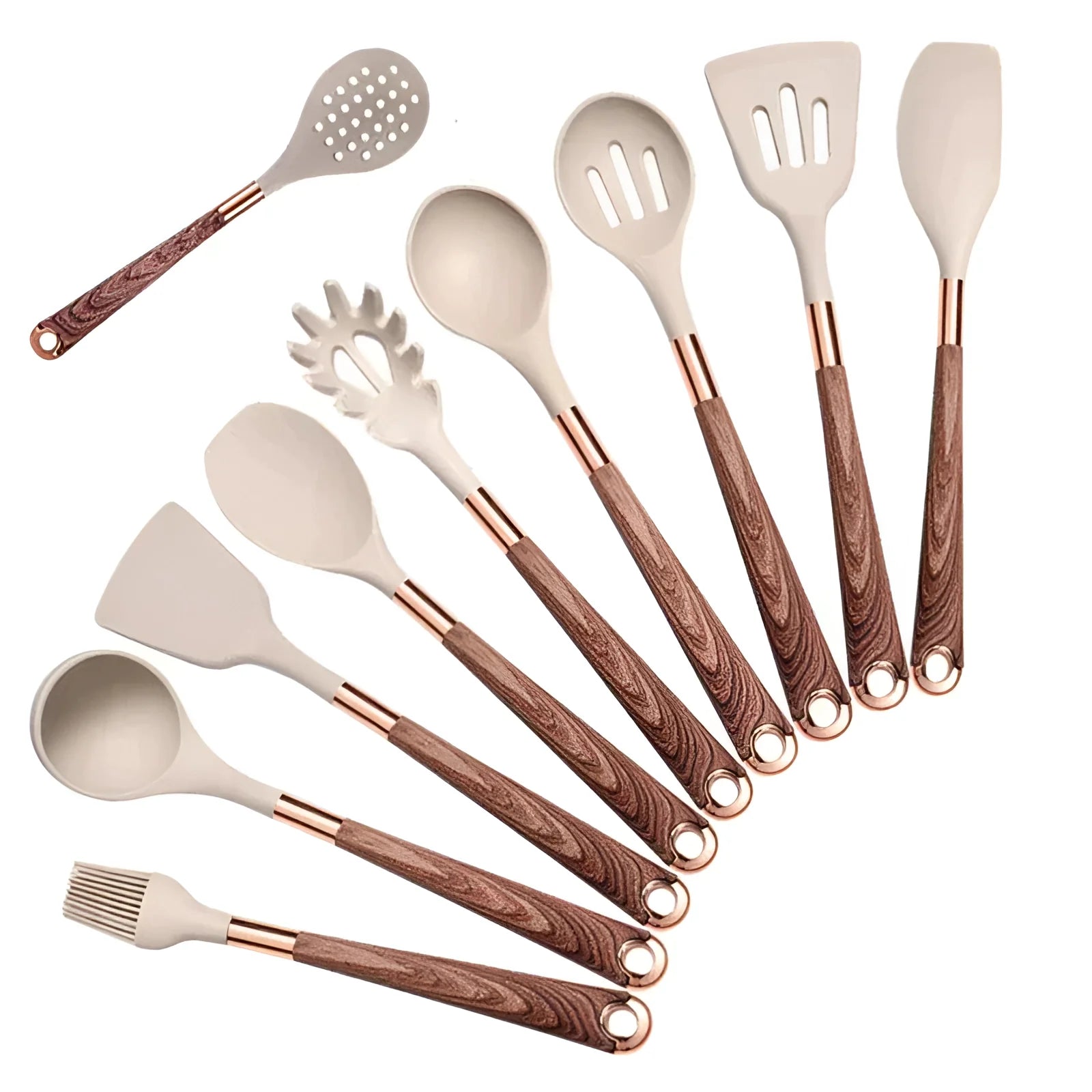 Moktan Sabai 10-Piece Silicone Kitchen Utensil Set Copper Wood Handle Heat Resistant