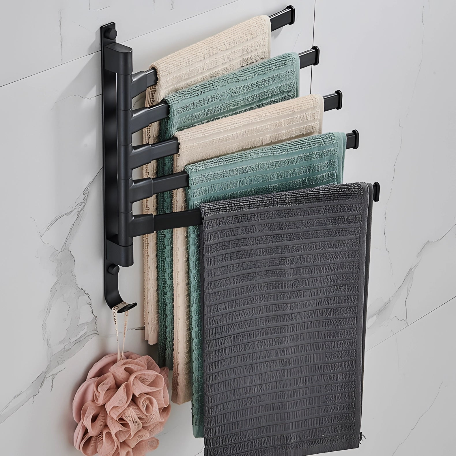 Moktan Sabai Wall-Mounted Black Towel Rack – 5 Swivel Arms Space-Saving Bathroom Organizer