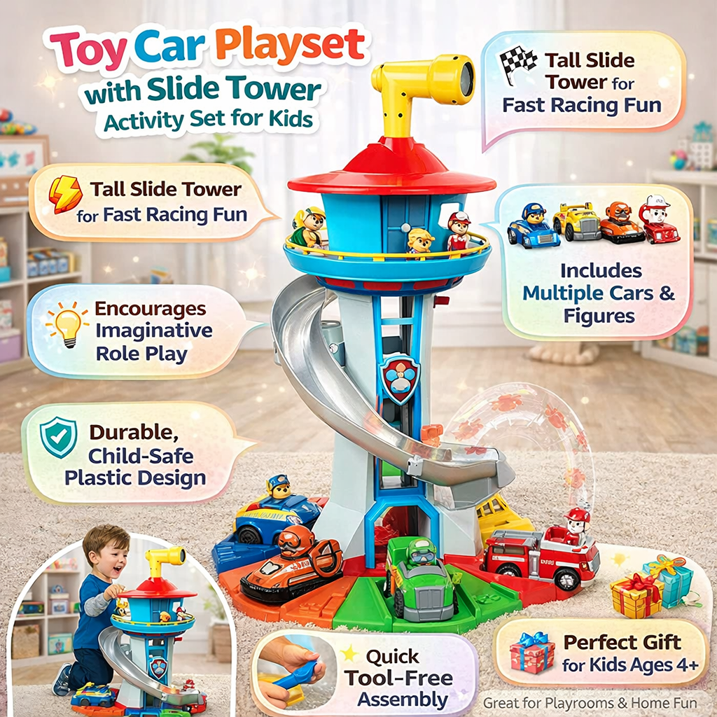 Moktan Sabai Kids Car Ramp Toy Set with Slide Tower & Race Track Playset