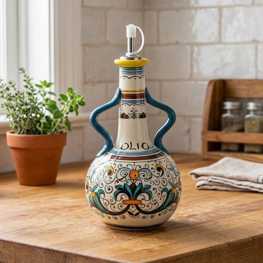 Moktan Sabai Ceramic Olive Oil Bottle | Mediterranean Dispenser Floral