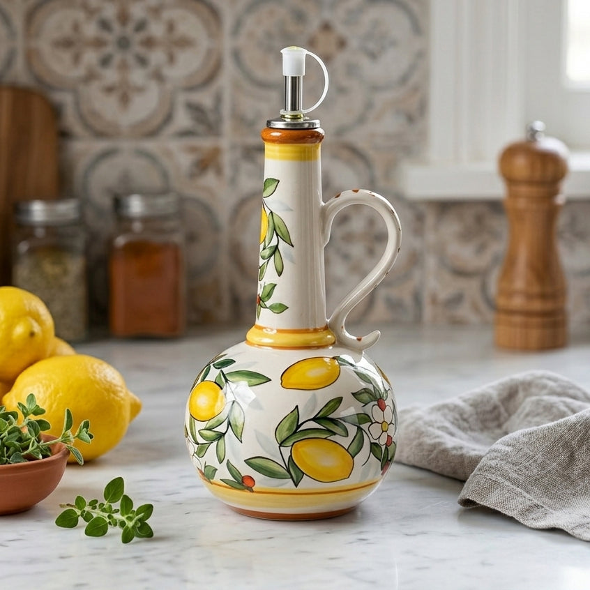 Moktan Sabai Ceramic Olive Oil Bottle | Mediterranean Dispenser Lemons