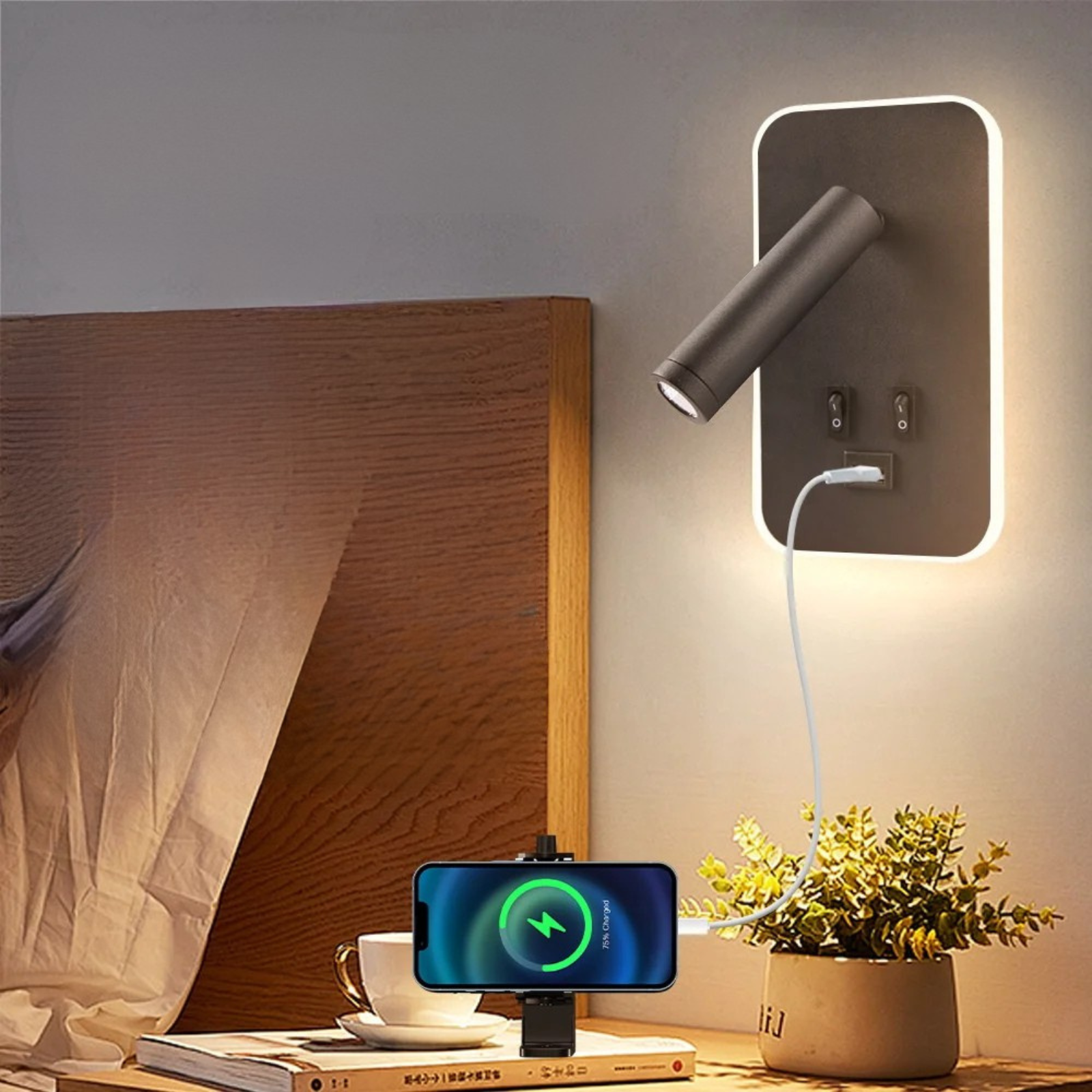 Moktan Sabai Bedside LED Wall Reading Lamp with USB Port Switch Rotatable Wall Sconce With USB Port Black