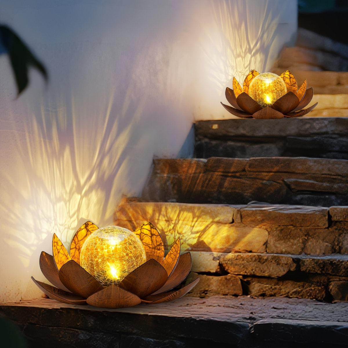 Moktan Sabai Set of 2 Lotus Solar Garden Lights – Waterproof Cracked Glass Outdoor Decor Lamps Rust Color