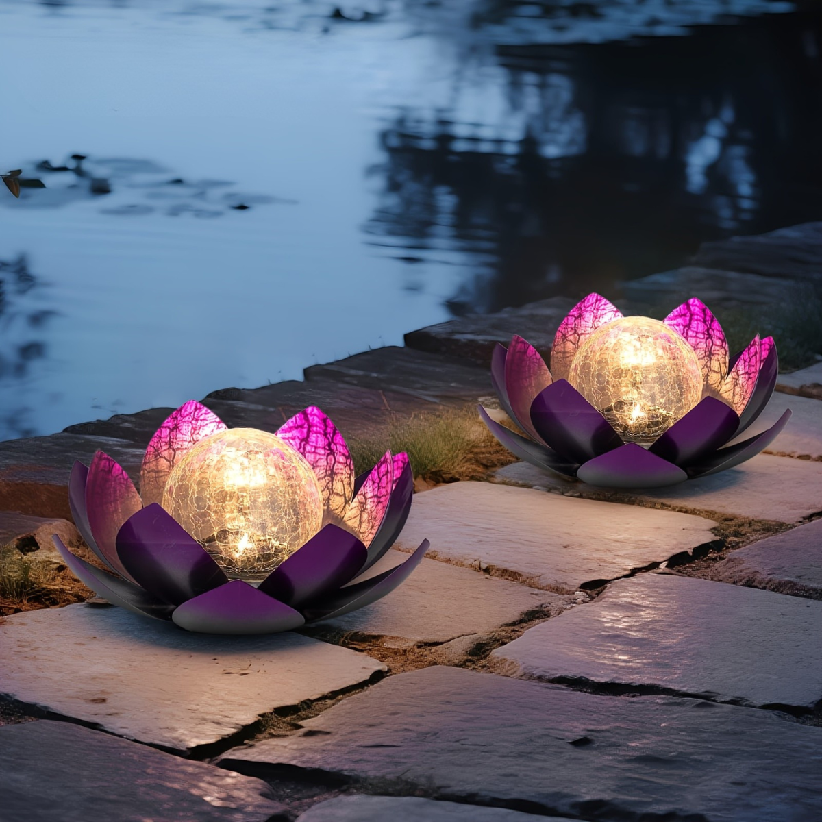 Moktan Sabai Set of 2 Lotus Solar Garden Lights – Waterproof Cracked Glass Outdoor Decor Lamps Purple
