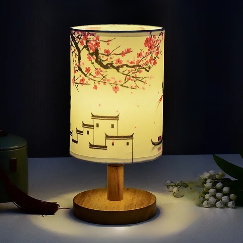 LED Square Table Lamp Dimmable Bedside Light Fabric Shade Chinese Style Decor