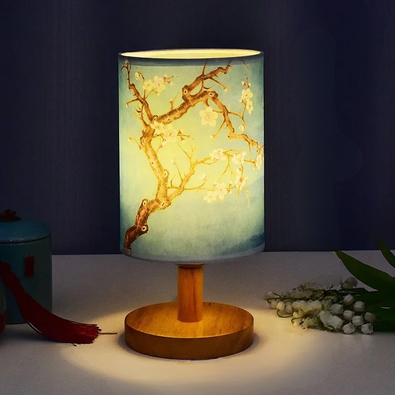 LED Square Table Lamp Dimmable Bedside Light Fabric Shade Chinese Style Decor