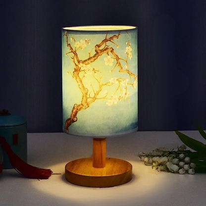 LED Square Table Lamp Dimmable Bedside Light Fabric Shade Chinese Style Decor