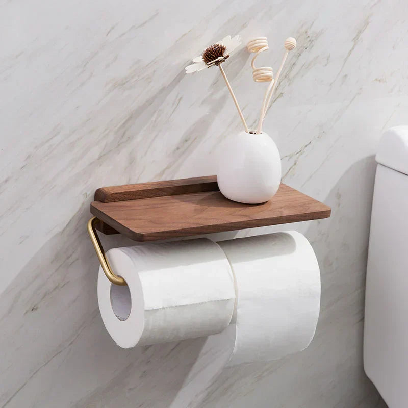 Moktan Sabai Walnut Wood Toilet Paper Holder with Shelf Brass Bathroom Rack 2 Rollers
